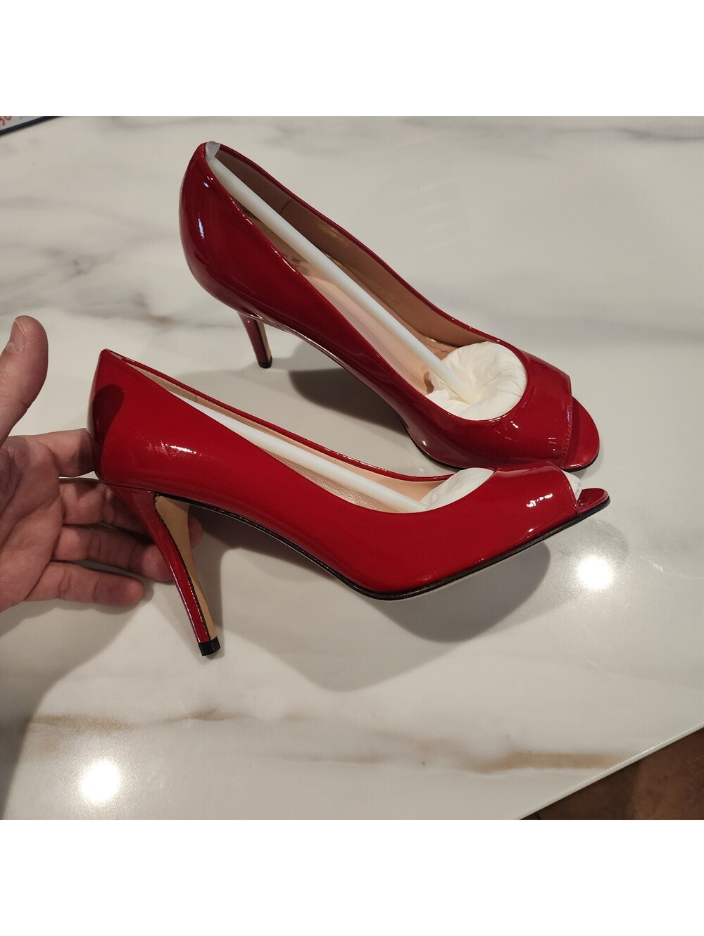 NIB Stuart Weitzman Stylish Flame Red Patent Leather Peep Toe Pumps 7.5 M